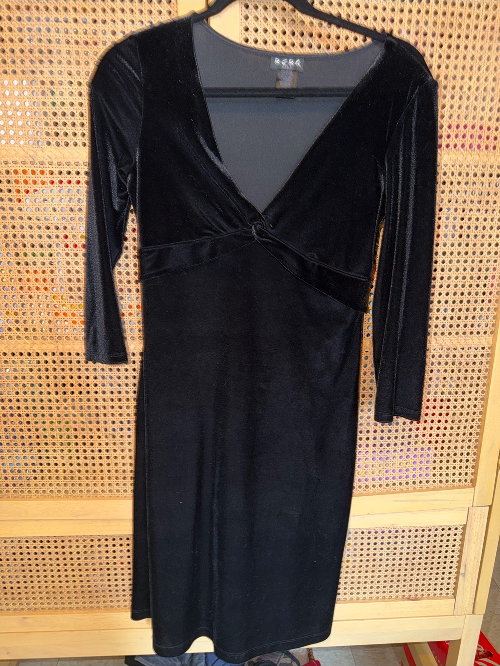 Vintage 80's BCBG Paris Dress M Black Velour Knotted V-neck Stretch Mini Skater